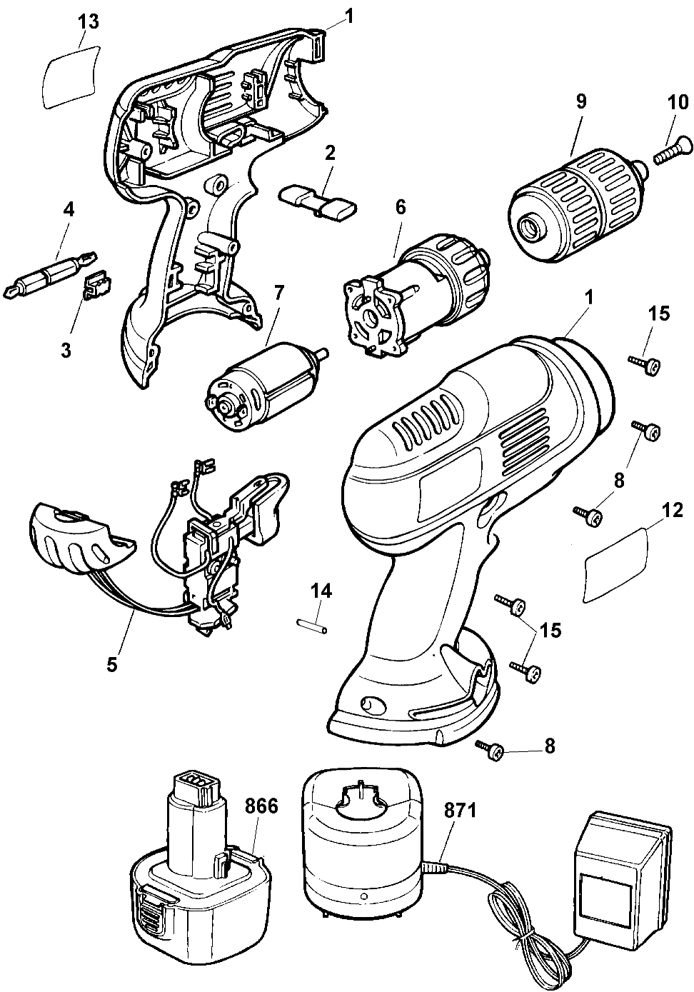 Default Diagram and Parts List for CD9600-B2 Type 1 Black and Decker Boring Machine